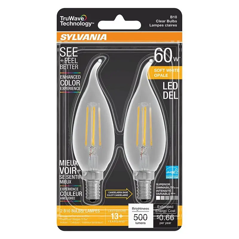 Sylvania 40757 Natural LED Bulb, Decorative, B10 Bent Tip Lamp, 60 W Equivalent, E12 Lamp Base, Dimmable, Clear