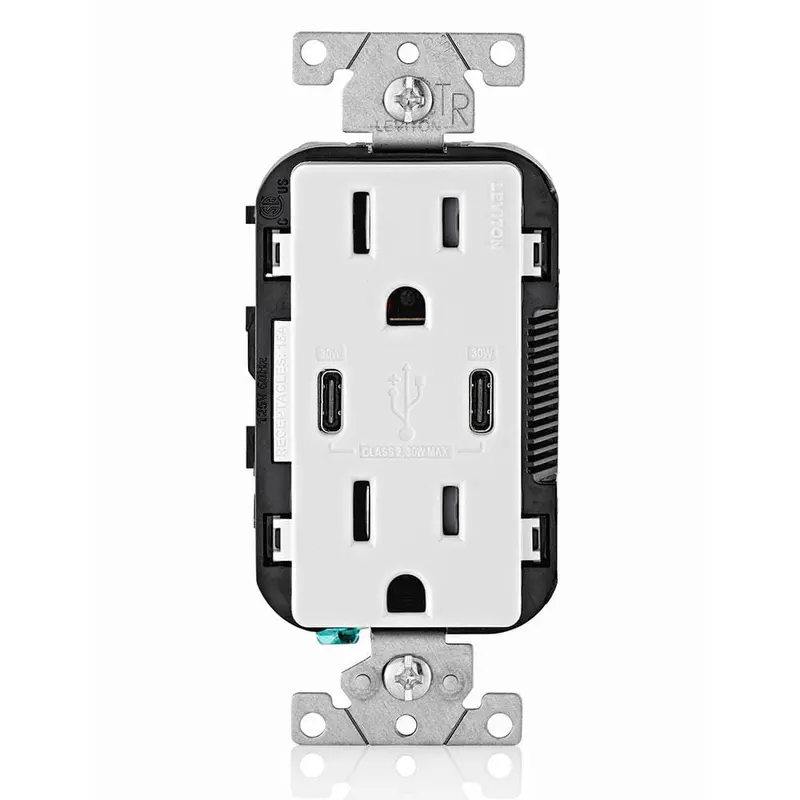 15 Amp 125-Volt Tamper-Resistant Duplex Outlet/30-Watt 6 Amp USB Dual Type-C with Power Delivery In-Wall Charger, WhiteWhite / .33 / 1