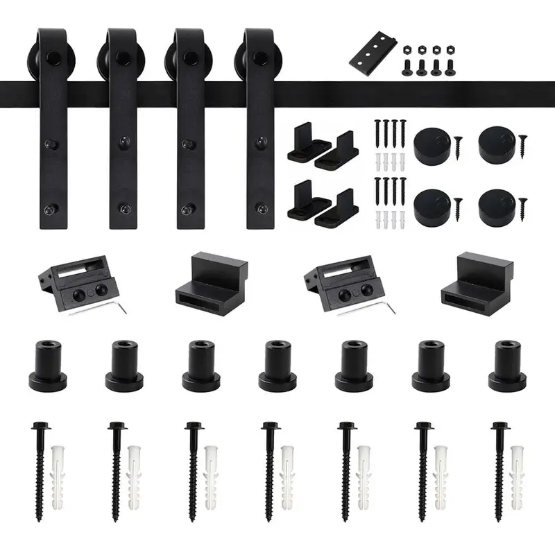9 ft./108 in. Frosted Black Sliding Barn Door Hardware Track Kit for Double Doors with Non-Routed Floor Guide