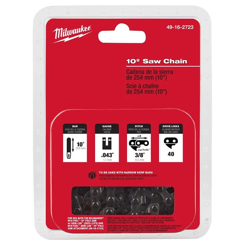 Milwaukee 49-16-2723 Chainsaw Chain, Pole Saw Chain, 10 in L Bar, 0.043 in Gauge, 3/8 in TPI/Pitch, 40-Link