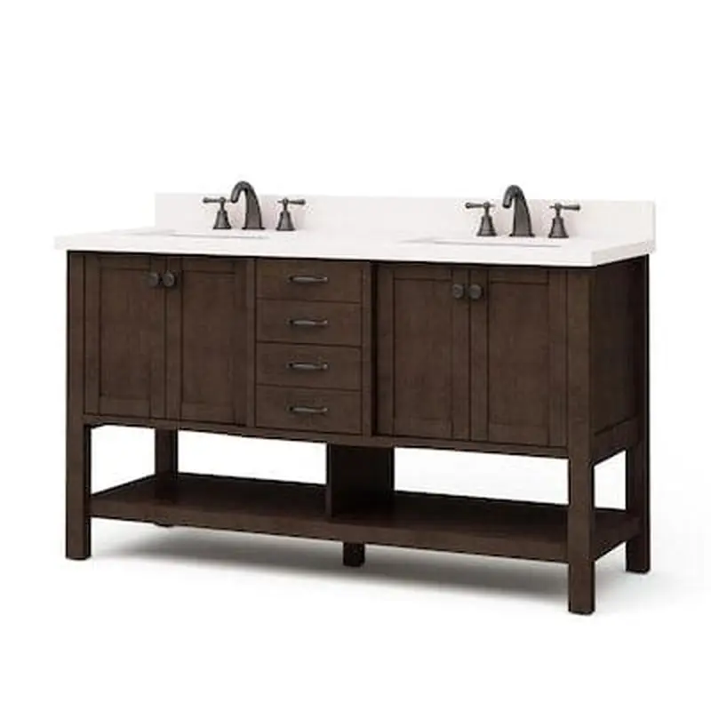 allen   roth Kingscote 60-in Espresso Double Sink Bathroom Vanity with White Engineered Stone Top