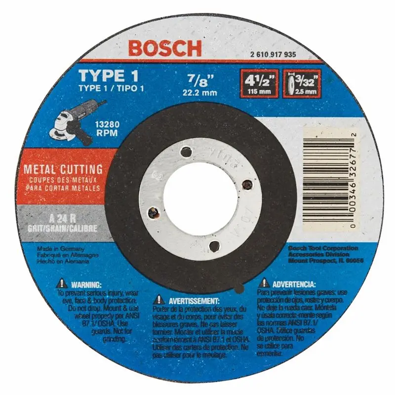 Bosch | CW1M450 4-1/2 In. 3/32 In. 7/8 In. Arbor Type 1A (ISO 41) 24 Grit Metal Cutting Abrasive Wheel