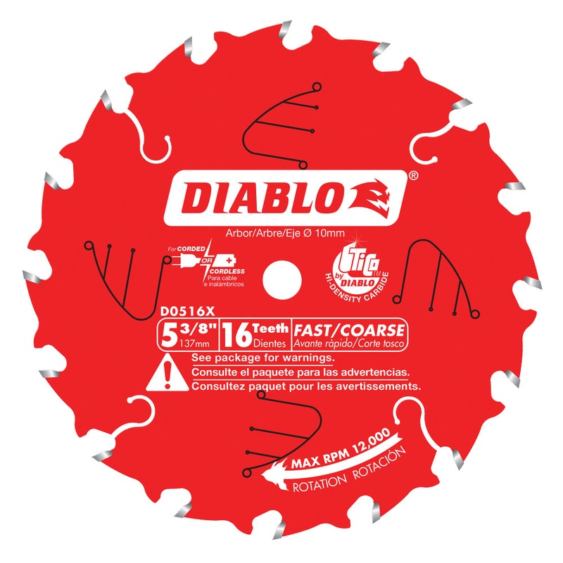 DIABLO D0516X Saw Blade, 5-3/8 in Dia, ATB Teeth, 16-Teeth, 18 deg Hook, Coarse Grade, 10 mm Arbor